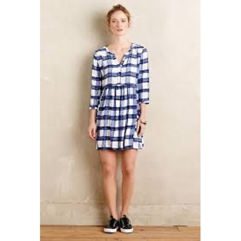 Maeve Anthropologie Blue White Plaid Shift Dress Pockets XS